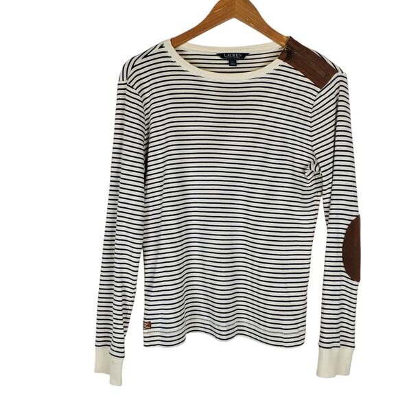Lauren Ralph Lauren Tops - Lauren Ralph Lauren Elbow Patch Top Size L Striped Long Sleeve Slim Fit Cotton